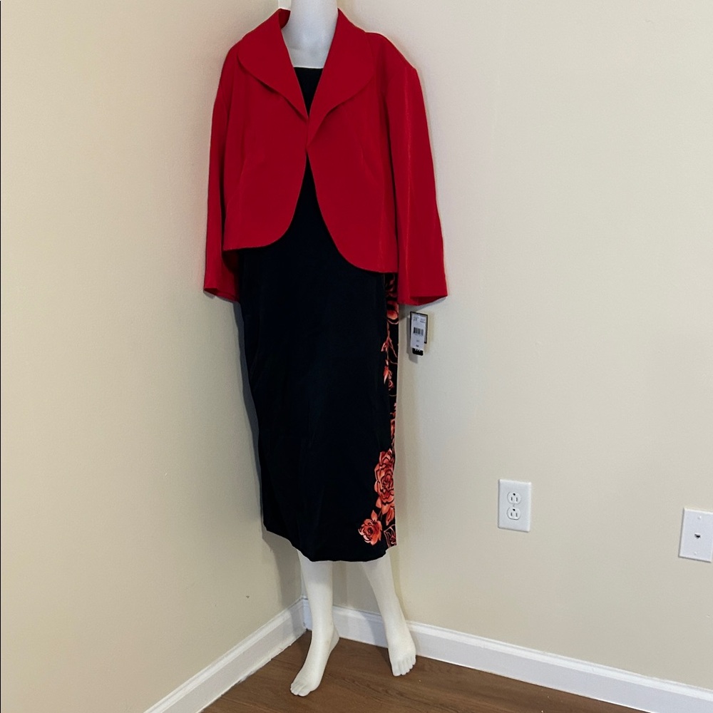 R&M Richards Red and Black Floral dress set.